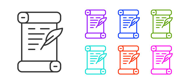 黑线法令，纸，羊皮纸，卷轴图标图标孤立在白色背景。设置图标丰富多彩。向量图片下载