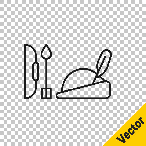 黑色线罗宾汉帽子与羽毛，弓和箭头图标孤立在透明的背景。向量图片下载