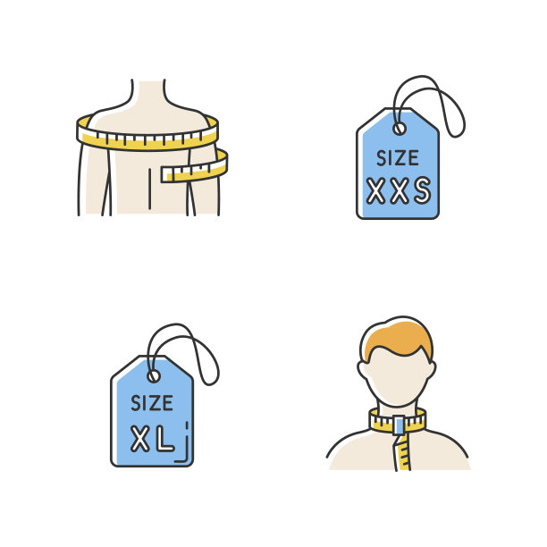 服装尺寸标签和身体测量RGB颜色图标集。XS和XXL尺寸标签，颈肩围。定制的衣服。孤立的矢量插图图片下载