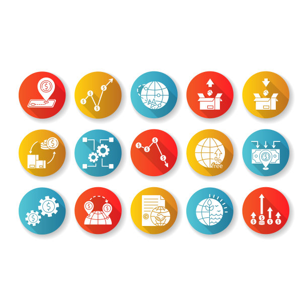 全球贸易平面设计长阴影字形图标集。世界经济、投资和收入。进出口，商业资产和自然资源。剪影RGB彩色插图图片下载