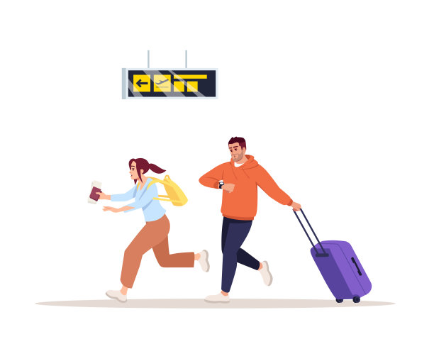 奔飞半平面RGB彩色矢量插图。男人和女人登机迟到了。情侣冲到登机口。飞机上的乘客把白色背景上的卡通人物隔离开来图片下载