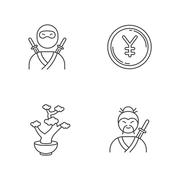 日本像素完美线性图标集。忍者战士。日元硬币。盆景树。日本传统符号。可自定义细线轮廓符号。孤立矢量大纲插图。可编辑的中风图片下载