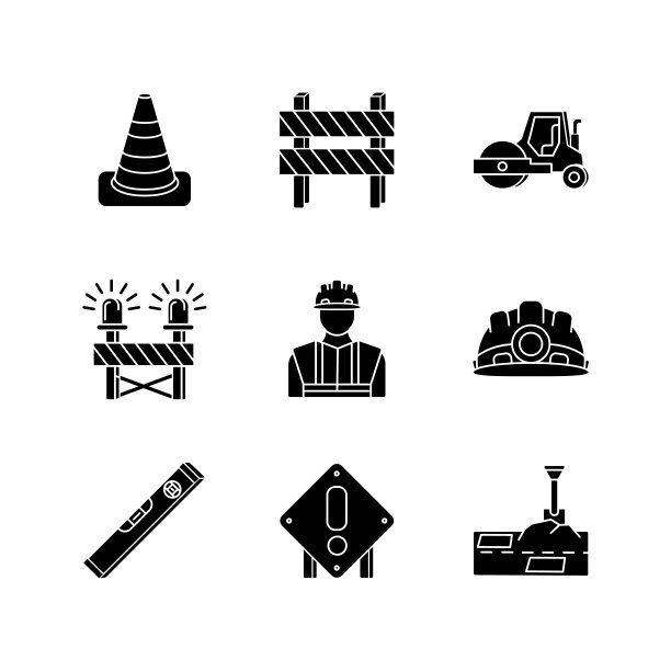 道路工程黑色象形图标设置在空白空间。锥形交通路标。路上的障碍。辊卡车。路障上有警报器。建造者和工程师设备。轮廓符号。向量孤立的插图图片下载