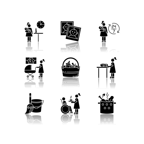 保姆服务drop shadow黑色字形图标设置。兼职工作。在时钟保姆。孩子的照片报道。晚上时间保姆。家庭的责任。孤立的矢量插图上的空白图片下载