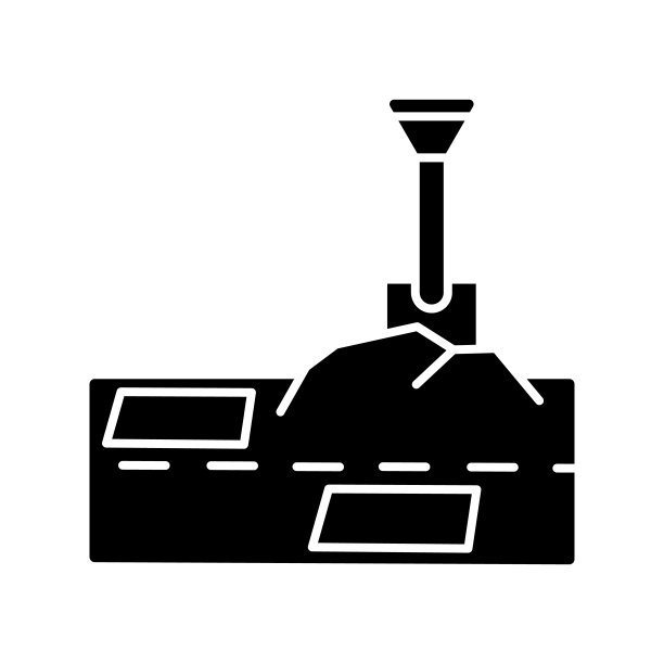 修补工作黑色字形图标。道路施工建设。用铲子把地洞填满。壶穴在人行道上。浮出水面,铺平道路。白色空间上的剪影符号。向量孤立的插图图片下载