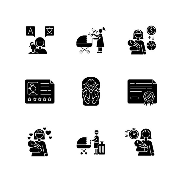 保姆服务黑色字形图标设置在空白。跟幼儿讲语言。有拨浪鼓玩具的女人。付保姆的工资。儿童日托。轮廓符号。向量孤立的插图图片下载