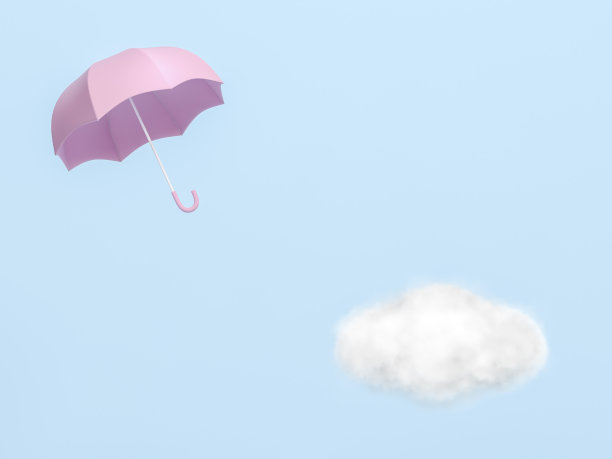 粉红色伞与雨云天空粉彩蓝色背景3d渲染。3d插图雨季贺卡模板最小的概念。图片下载