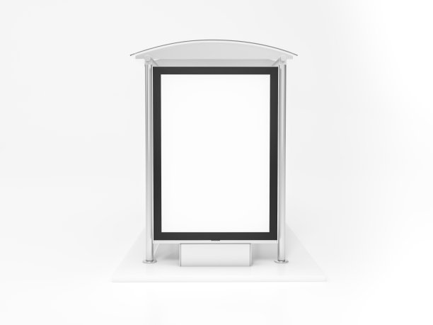 公共交通站与广告牌和信息3D渲染。3D插图巴士站与空白横幅LED灯隔离在白色背景。图片下载