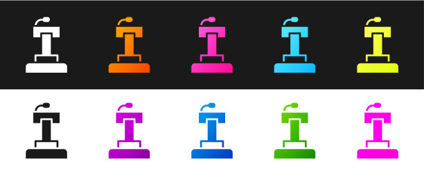 设置舞台台或辩论台，讲台图标孤立在黑白背景上。论坛会议上演讲。向量图片下载