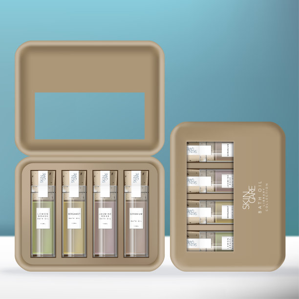 矢量浴油或精油玻璃瓶图书馆收藏与软木塞在模压纸浆盒包装。图片下载