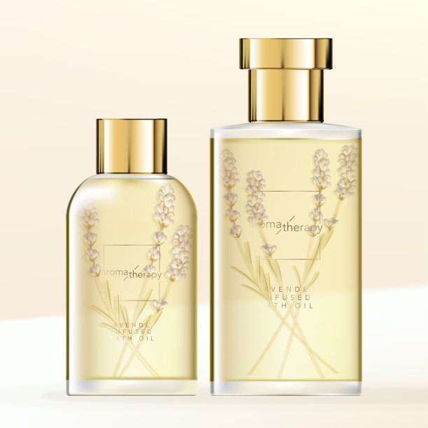 矢量薰衣草注入浴油或精油玻璃瓶包装与金盖。图片下载