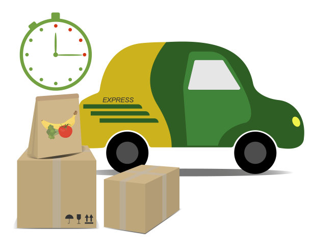 快递产品概念。矢量插图的汽车，纸板箱和计时器图片下载