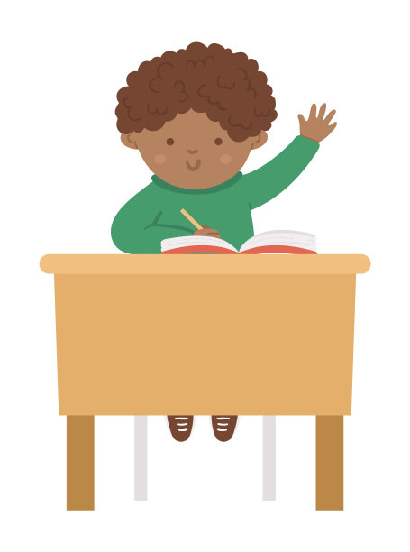 向量可爱快乐的小男生坐在书桌上，手向上。小学课堂插图。聪明的黑皮肤孩子在上课。男孩准备回答teacherâ的问题上的白色背景。图片下载