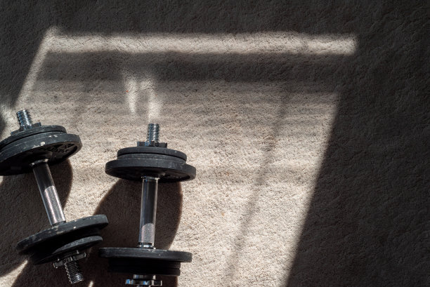 家庭健身器材，地毯和复印空间图片下载