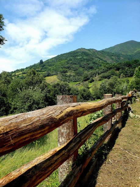 令人印象深刻的山脉和篱笆与长草丛图片下载