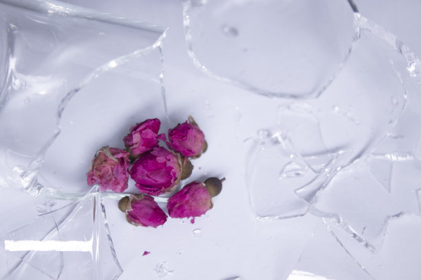 小粉红玫瑰旁边的碎玻璃碎片图片下载