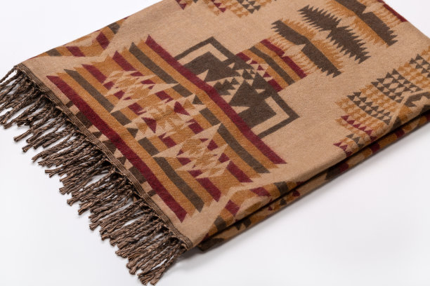 围巾，带有装饰和白底流苏的格子图案。美国本土绘画。图片下载