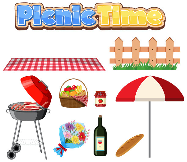 一套野餐与烧烤烧烤和食物在白色的背景图片下载