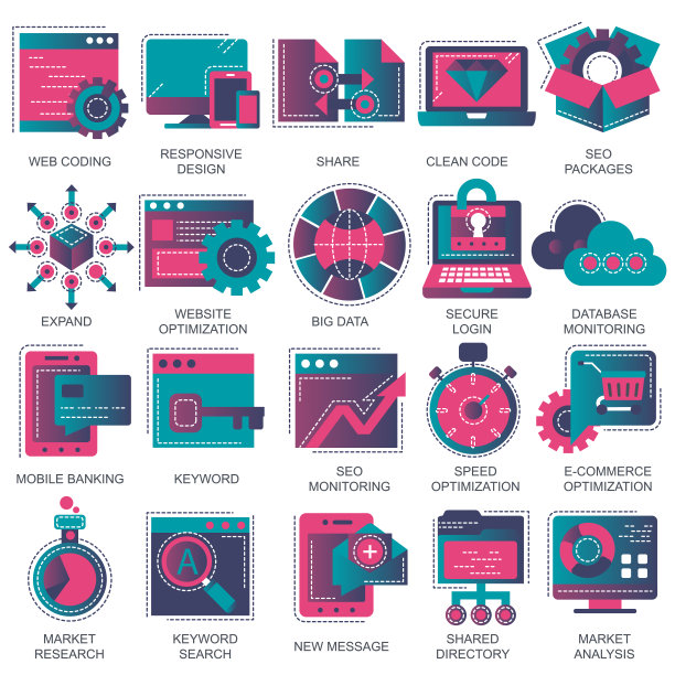 为移动概念和web应用程序设置元素矢量图标。商业和市场营销，编程，数据管理，互联网连接，社交网络，计算，信息。向量图片下载