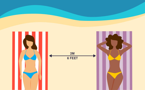 海滩上的女人在练习保持社交距离，暑假，矢量插画图片下载