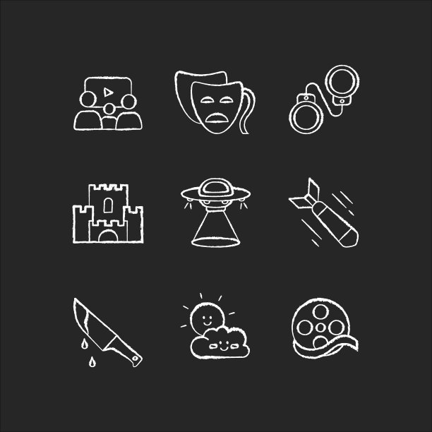 电影类别粉笔白色图标设置在黑色背景。不同的电影类型，流行的电影类型。常见的电影摄影风格，电影制作行业。孤立矢量黑板插图图片下载