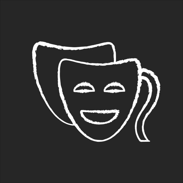 喜剧粉笔白色图标上的黑色背景。搞笑电影，幽默电影，经典戏剧。流行的电影类型，娱乐的电影摄影。喜剧面具孤立矢量黑板插图图片下载