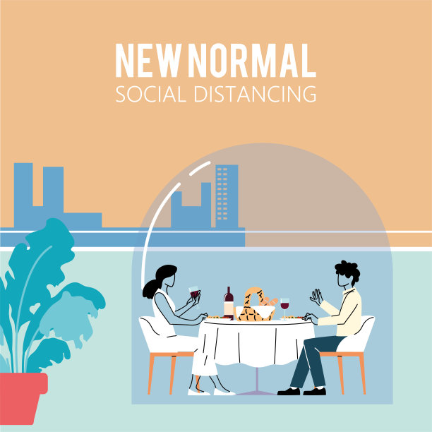 社交距离的女人和男人之间的桌子矢量设计图片下载