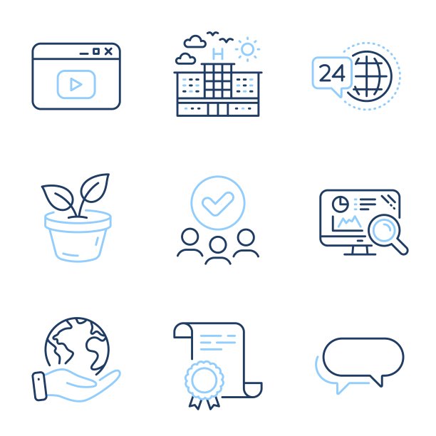 Seo分析，视频内容和24小时服务图标集。离开，酒店和信使标志。向量图片下载