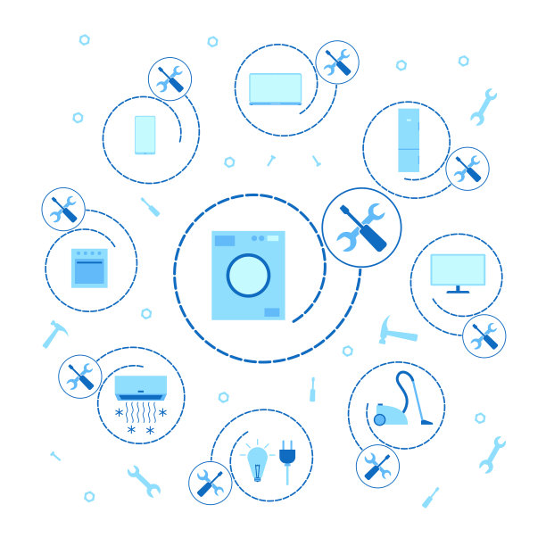 家电维修服务。一组图标与家庭服务的移动应用程序与线性概念。修理洗衣机，电脑，吸尘器，冰箱。蓝色的图片下载
