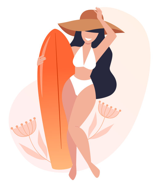 戴着帽子的长发女孩穿着白色泳衣，手里拿着冲浪板。矢量平面卡通插图的网页设计，贺卡，海报。夏天的时间概念素材图片