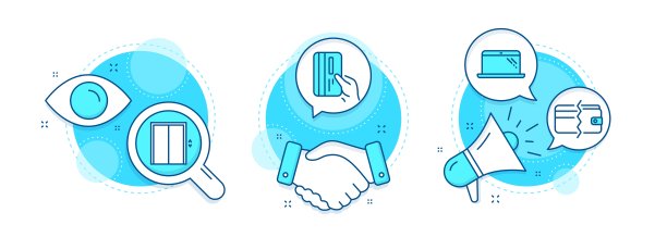 升降机，支付卡和支付方法图标设置。笔记本电脑的信号。电梯，信用卡，钱包现金。电脑。向量图片下载