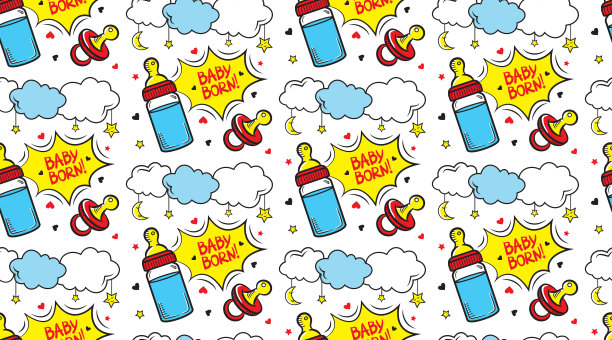可爱的彩色新生儿无缝图案与乳头和奶瓶图片下载