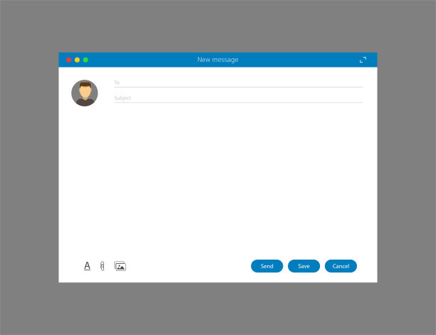 邮件窗口。带有主题和用户头像的新消息模板。浏览器模型与空白页和发送，取消和保存按钮。可编辑的邮件表单框架。向量EPS 10。图片下载