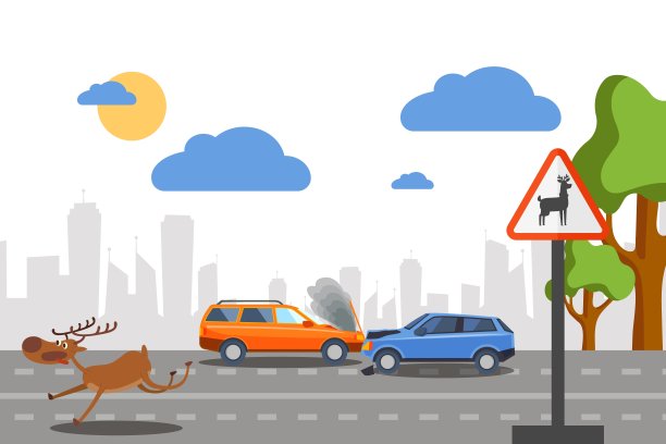 野鹿事故道路矢量图。汽车在警告移动森林动物的标志附近相撞。受了惊吓的鹿跑图片下载
