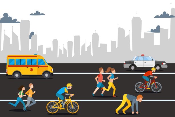 马拉松运动员在城市道路上，矢量插图。户外运动，速跑，骑自行车健身，比赛比赛。图片下载