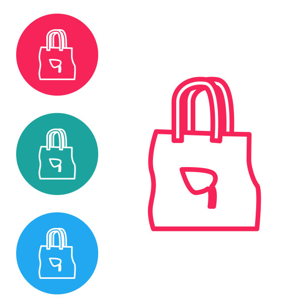 红色线购物袋与回收图标孤立在白色背景。有回收标志的袋子。在圆形按钮中设置图标。矢量图图片下载