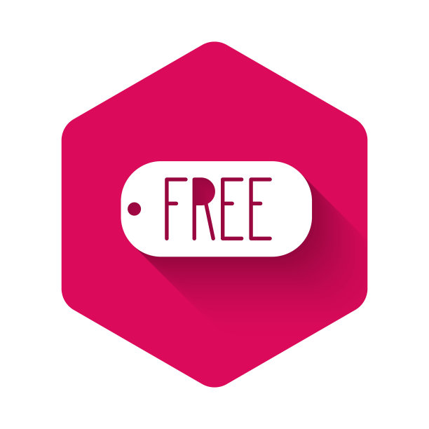 白色价格标签与铭文免费图标隔离与长阴影。徽章的价格。促销标签折扣。粉色六角形按钮。矢量图图片下载