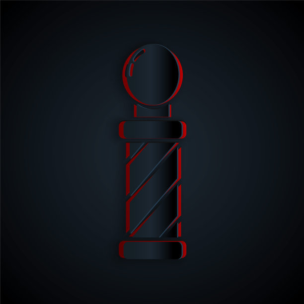 剪纸经典理发店杆图标孤立在黑色背景。理发店极的象征。纸艺术风格。矢量图图片下载