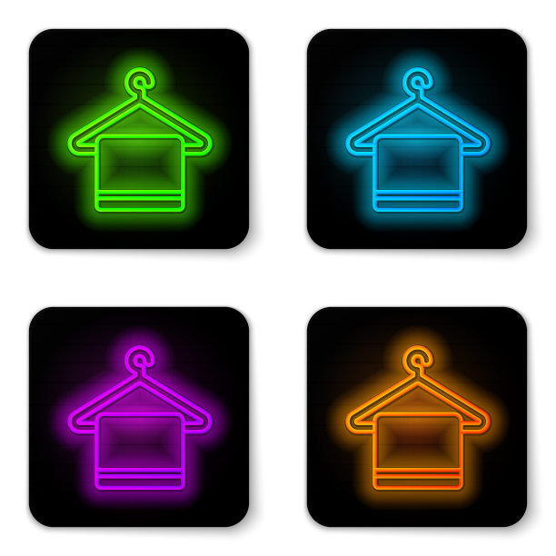 发光的霓虹线毛巾在一个挂钩图标孤立在白色的背景。浴室毛巾图标。黑色方形按钮。矢量图图片下载