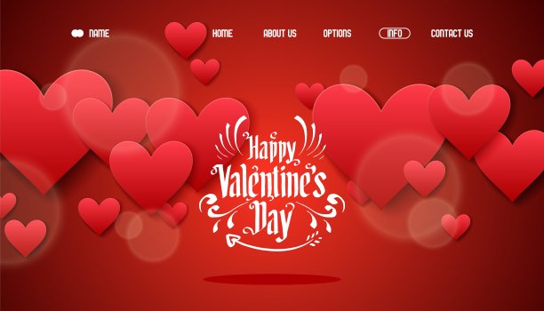 情人节签名登陆页，矢量插图。问候网横幅装饰心和爱的象征。模板的图片下载