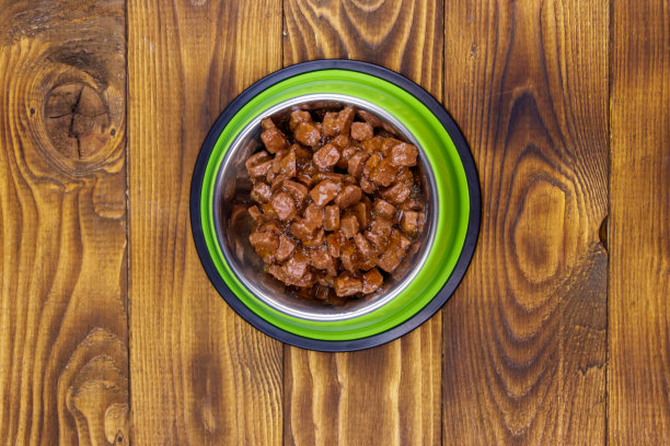 装在绿色金属碗里的猫狗罐头，放在木地板上。俯视图图片下载