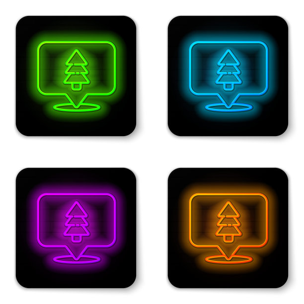 发光的霓虹灯线森林的位置在地图图标孤立的白色背景。黑色方形按钮。矢量图图片下载