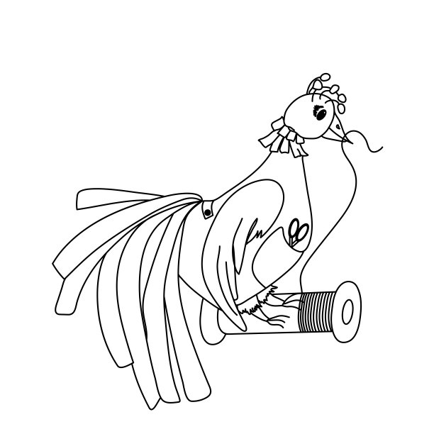 鸟带着线轴，穿着衣服。黑白矢量图形为儿童和多样化的设计。股票矢量插图。隔离在白色背景上。轮廓。彩色书图片下载