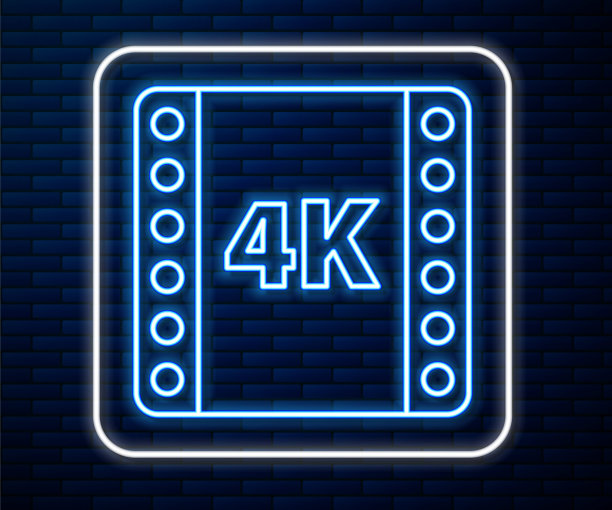 发光的霓虹灯线4k电影，磁带，框架图标孤立在砖墙背景。矢量图图片下载