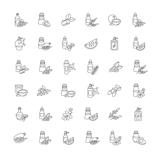 头发油像素完美的线性图标设置。鳄梨的自然本质。奇异的猴面包树提取物用于护发。可自定义细线轮廓符号。孤立矢量大纲插图。可编辑的中风图片下载