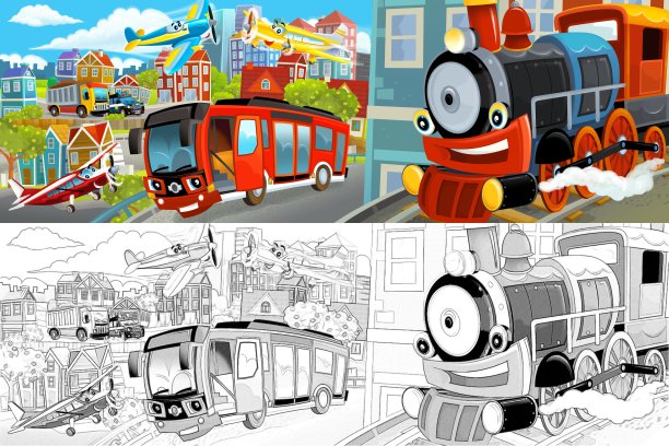 卡通的快乐和有趣的场景与混凝土搅拌机和汽车驾驶的城市-插图图片下载