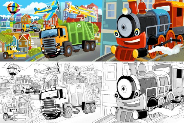 卡通的快乐和有趣的场景与混凝土搅拌机和汽车驾驶的城市-插图图片下载