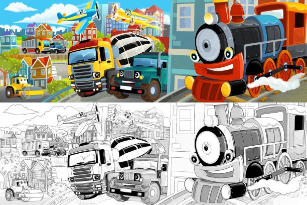 卡通的快乐和有趣的场景与一个城市的中心与自卸卡车和汽车驾驶-插图图片下载
