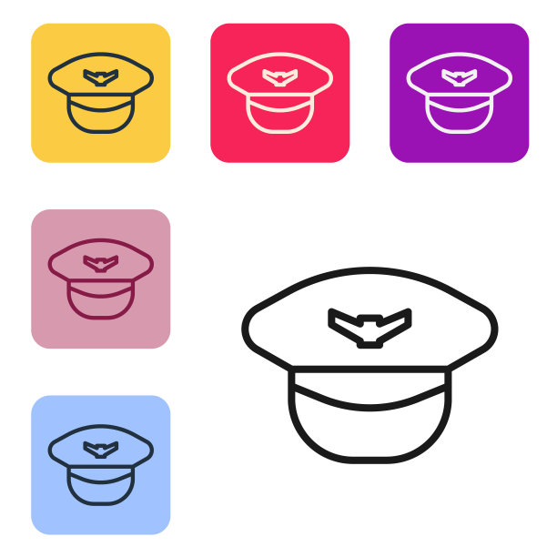 黑色线飞行员帽子图标孤立在白色背景。设置图标的颜色方形按钮。矢量图图片下载