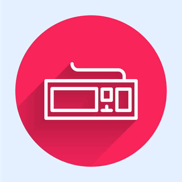 白线计算机键盘图标孤立，有很长的阴影。电脑组件的信号。红色圆圈按钮。矢量图图片下载